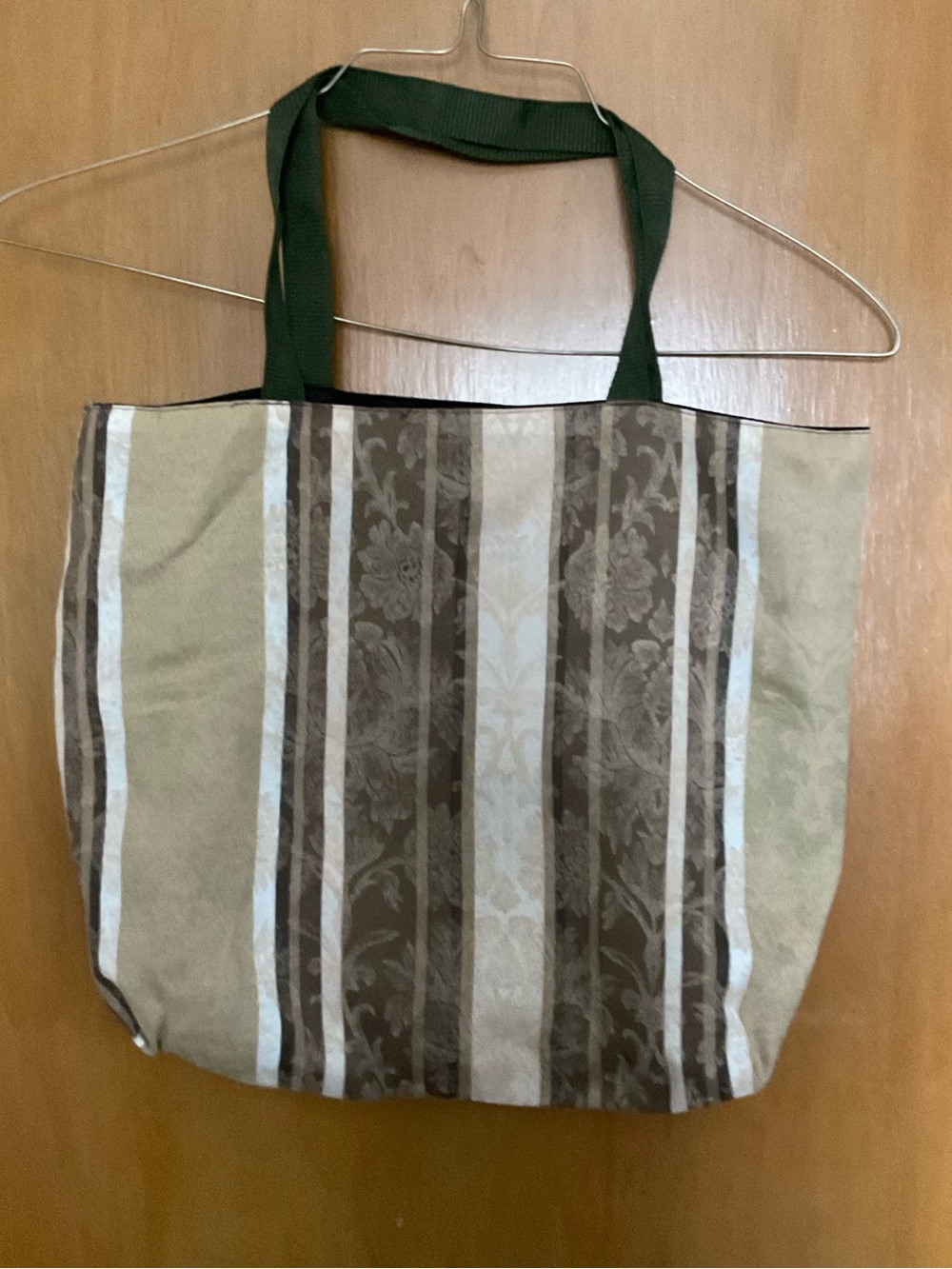 Striped Brown and Tan Canvas Tote with Green Handles